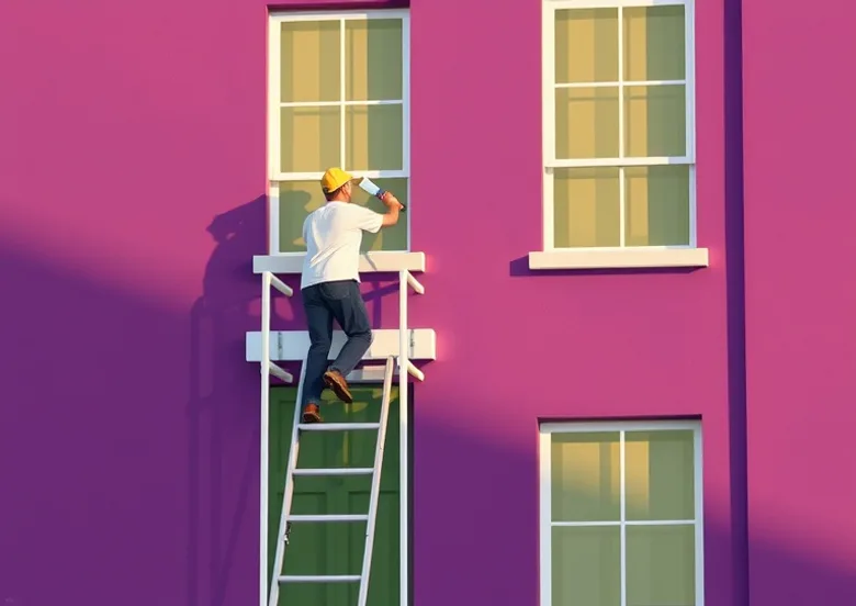Peintre sur échafaudage traitant la façade d'une maison